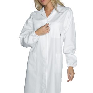 009100 - Camice da laboratorio bianco da donna gr. 190, bottoni a scomparsa elastico ai polsini