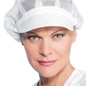 081010 - Cappellino, cuffia bianco con rete contenitiva per capelli e frontalino per alimentare