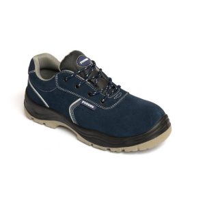 PETRA - Calzatura bassa in pelle scamosciata forata di colore blu, puntale e lamina in acciaio