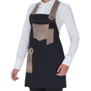 LUNA grembiule con pettorina in cotone e inserti in alcantara e in jeans nero