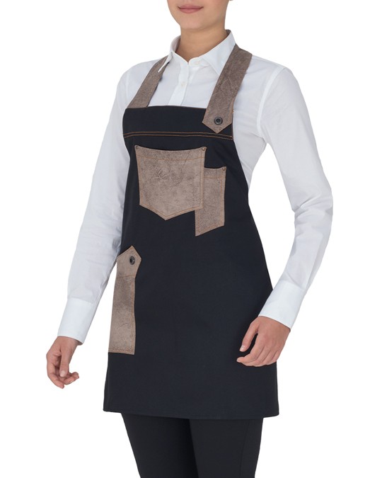 LUNA grembiule con pettorina in cotone e inserti in alcantara e in jeans nero
