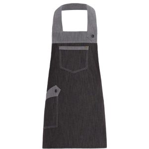 LUNA grembiule con pettorina in jeans nero, tasca grande