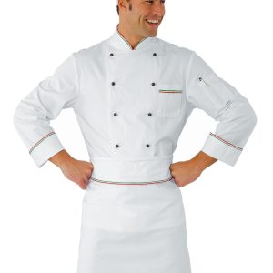 RONDIN - Grembiulea vita lungo bianco  in cotone con borso a contrasto cm. 95X70