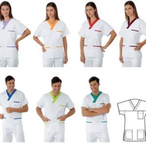 045203 - Casacca unisex biannca scollo a V con inserto coloratoo mezza manica gr. 190