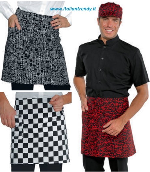 Grembiule a Vita Corto In Cotone a Fantasia 70X46 Con Tasca Per Ristoranti e Bar