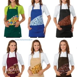 Grembiule Pettorina Donna Corto 3 Colori e Fantasia  Pane, Pesce, Frutta. Per Settore Alimentare.