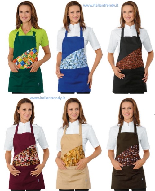Grembiule Pettorina Donna Corto 3 Colori e Fantasia Pane, Pesce, Frutta. Per Settore Alimentare.