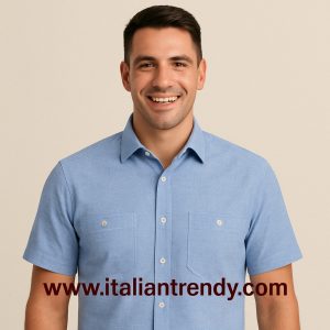IRON - Camicia in cotone oxford azzurra con taschini