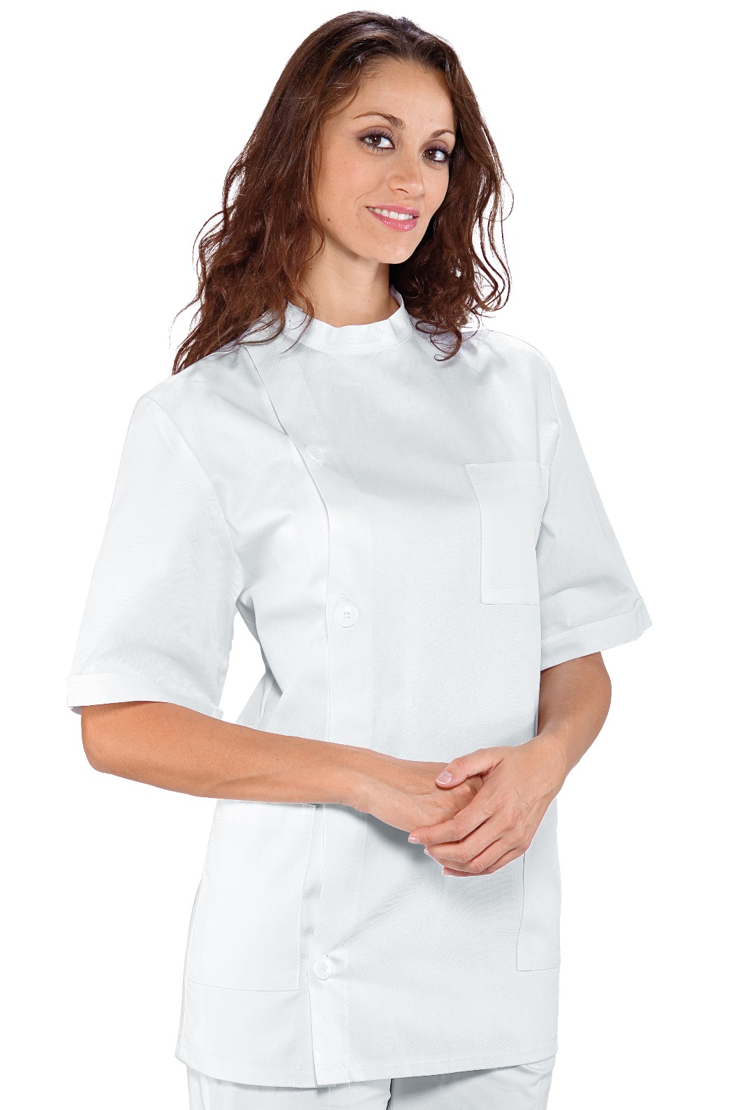 Casacca Dentista Bianca Collo Coreana Allacciatura Laterale in Cotone per Uomo Donna - immagine 3