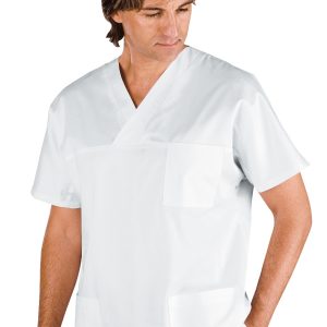 045700 - Casacca uomo bianca scollo a V medicale leggera misto cotone gr. 150