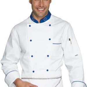 057099 - Giacca chef bianca con profili Eurochef doppio petto bottoni a pallina ML MC