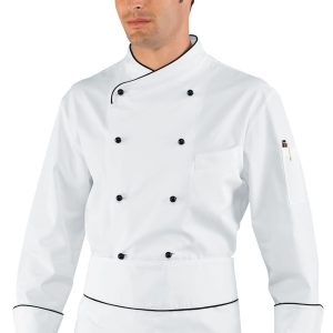 PECHINO - Giacca chef bianca profilata nera con rete areazione ascellare ML MC