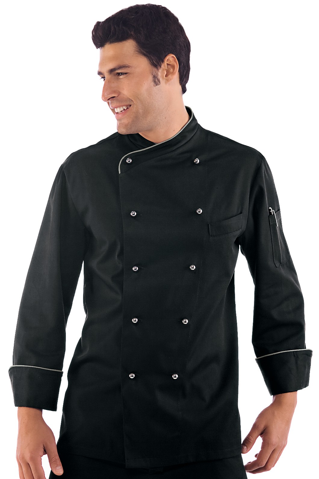 LIMA - Giacca chef nera con profili e bottoni a pallina argento con rete areazione ascellare ML MC