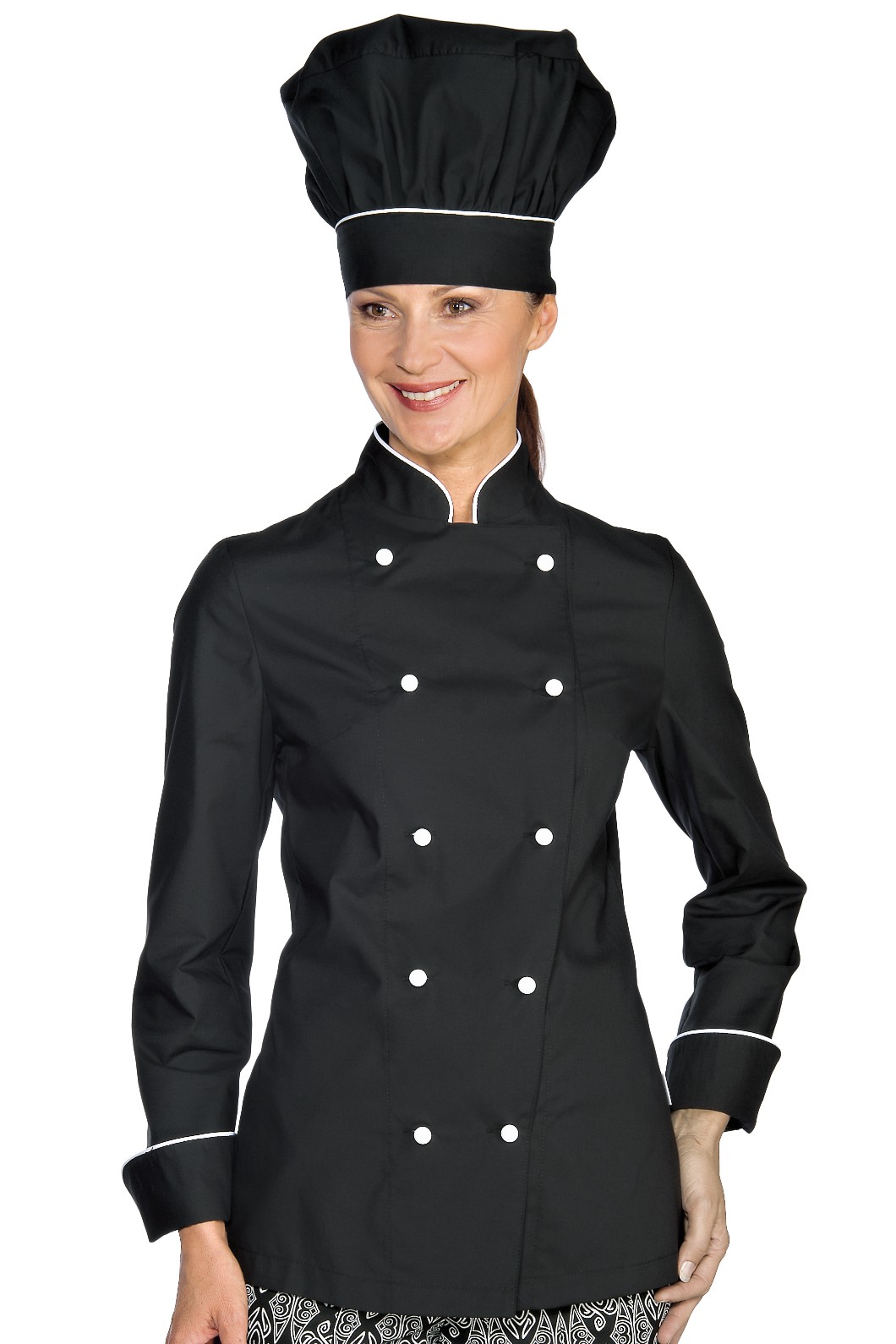 LADY CHEF -Giacca donna chef rosa, nero bordi e bottoni ML MC - immagine 2