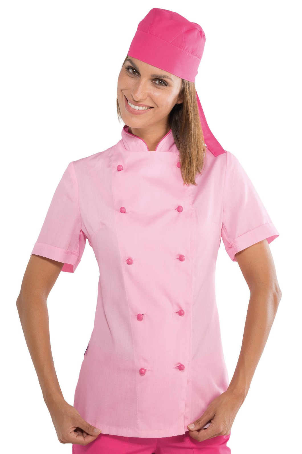 LADY CHEF -Giacca donna chef rosa, nero bordi e bottoni ML MC - immagine 6
