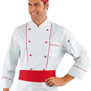 059100 - Giacca Cuoco Bianca in Cotone Doppio Petto con Profili in Nero o Rossi ML MM