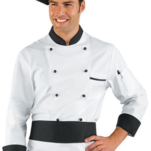 059200 - Giacca chef bianca in cotone doppio petto con profili e inserti neri ML MC