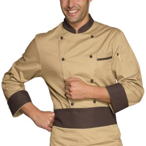059215 - Giacca chef doppio petto biscotto con profili marrone misto cotone gr. 195 ML MC