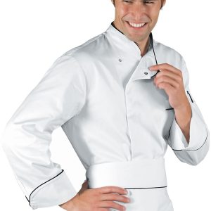 BILBAO - Giacca chef bianca con profili neri e bottoni a pressione  in cotone ML MC gr. 210