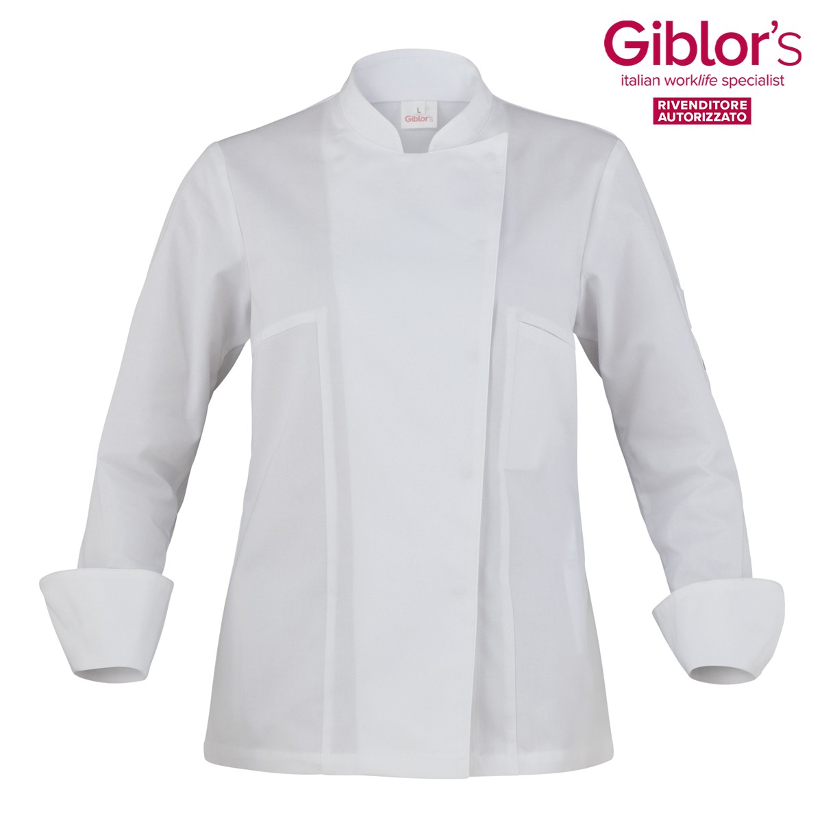 AGATA - Giaccachef donna con automatici e tessuto retato sulla schiena bianca