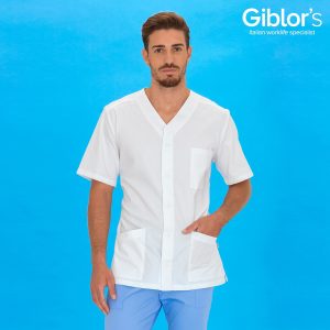 FRANCO - Casacca bianca aperta con scollo a V e maniche corte 100% cotone