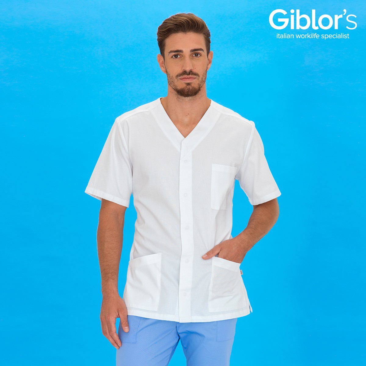 FRANCO - Casacca bianca aperta con scollo a V e maniche corte 100% cotone